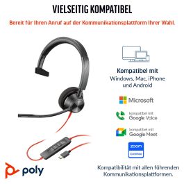 HP Poly Headset Blackwire C3310 Mono USB-C/A Auriculares, Monoaurales, Conexión USB-C/A, Negro