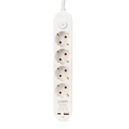 Edm Prolongador con 4 Tomas Schuko, Interruptor, 2 USB (A+C), Cable 1,5m H05VV-F 3G1,5mm², Blanco