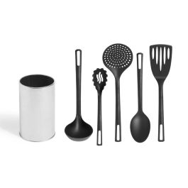 Kinvara Set 5 Utensilios de Cocina con Soporte de Acero Gris y Negro 13x32x12 cm Apto Lavavajillas (12 Unidades)