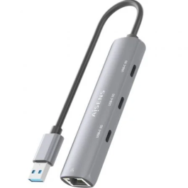 AISENS Dock USB-A a Ethernet Gigabit + Hub 3xUSB-C, Gris, 15cm, USB 3.0