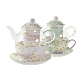 DKD Home Decor Tetera Glam de Cristal y Porcelana 250ml Rosa Verde Menta (2 Unidades Surtidas) Apta Microondas y Lavavajillas