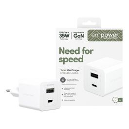 PanzerGlass Turbo Cargador Rápido GaN 35W con Puerto USB-C y USB-A, Incluye Cable USB-C, Color Blanco, Enchufe UE