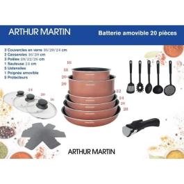Arthur Martin Batería de Cocina 20 Piezas ART3508510012874 - Aluminio - Manija Extraíble - Apta para Inducción