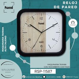 SAMI Reloj de Pared Cuadrado Negro con Esfera en Madera y Blanco - Decorativo