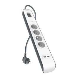 Belkin Regleta de Protección Contra Sobretensiones con 4 Tomas y 2 Puertos USB, Cable de 2 Metros, Blanco-Gris