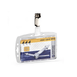 Durable Identificador con Pinza Giratoria Acrílico Horizontal para Pases de Seguridad 54x85 mm