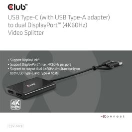 Club3D CSV-1478 Adaptador USB-C a 2x DisplayPort 4K@60Hz - Conexión Dual Monitor para PC Portátil y Escritorio Negro