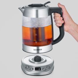 Severin WK 3480 Hervidor de Agua y Té Deluxe 1.7L 3000W, Vidrio/Acero Inoxidable, Blanco, Termostato, Mantener Caliente