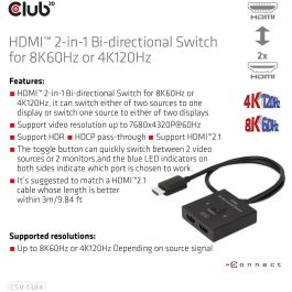 Club 3D CSV-1384 Switch HDMI 2-in-1 Bidireccional 8K60Hz/4K120Hz UHD Negro