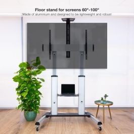 TooQ FS20300M-B Soporte de Suelo con Ruedas para TV 60-100" Inclinable Ajustable 1200-1650mm hasta 100kg VESA 1000x600 Plata