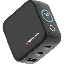 Verbatim Mini Cargador GaN 65W con Pantalla, 2xUSB-C PD, 1xUSB-A QC 3.0, Universal 100-240V, 30238