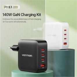 Vention FEIB0-EU Kit Carga Pared GaN 140W con 4 Puertos (3 USB-C, 1 USB-A) Carga Rápida Múltiple + Cable USB-C Negro