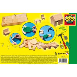 Ses Creative Taller de carpintería infantil - Kit de construcción con 57 piezas de madera, martillo, clavos y mano especial para sujeción segura