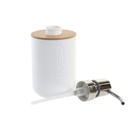 DKD Home Decor Dosificador de Jabón Líquido Basicos Estilo Nórdico Moderno con Cuerpo en PP Blanco y Base de Bambú Natural para Baño - 9x15.5x7 cm
