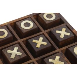 DKD Home Decor Juego de Mesa Tic Tac Toe Colonial Sheesham Latón Hecho a Mano Marrón Oscuro Dorado 18x18x3.5cm Set de 2