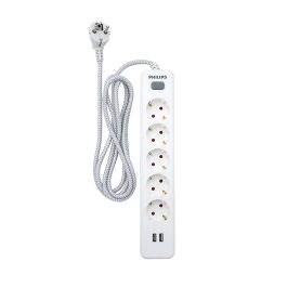 Philips Spn3052wa/10 Base Múltiple 5 Tomas Schuko con Interruptor y 2 USB a 2.4A, Cable 2m, Blanco