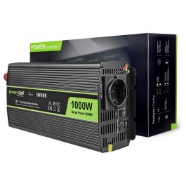 Green Cell INV09 Inversor Coche 12V a 230V 1000/2000W Negro - Convierte Corriente DC a AC, Protección Sobrecarga