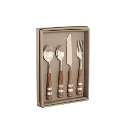 DKD Home Decor Cubertería Moderna de Acero Inoxidable y Madera de Acacia Colores Natural, Blanco y Plateado Set de 16 Piezas