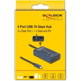 DeLOCK Hub USB 10 Gbps con 4 Puertos Type-C (3 Datos + 1 Datos/PD 20W) con Indicador de Alimentación