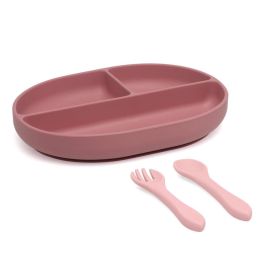 KioKids Set Cubiertos y Bandeja BLW en Silicona con Ventosa y Divisiones Rosa +6 Meses
