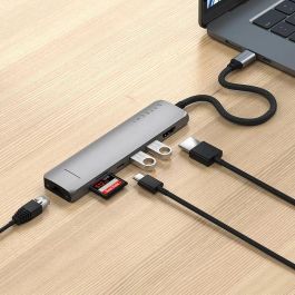 Satechi Adaptador MultiPuerto USB-C Slim 7 en 1 con Ethernet, Carga PD 100W, HDMI 4K@60Hz, 10 Gbps, SD/MicroSD, USB-A, Gris Espacial
