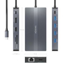 AISENS - USB-C DOCK 12 EN 1, USB-C A 2xHDMI, 1xDISPLAYPORT, 1xRJ45, 4xUSB-A, 1xUSB-C, 1xUSB-C PD, 1xSD, 1xMICRO SD, GRIS, 20CM