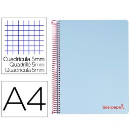 Cuaderno Espiral Liderpapel A4 Micro Wonder Tapa Plastico 120H 90 gr Cuadro 5 mm 5 Banda4 Taladros Color Celeste