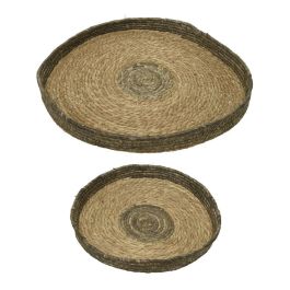 Null Set 2 maceteros de esparto redondos con asas, madera de paulonia, Ø35x4cm y Ø50x4cm