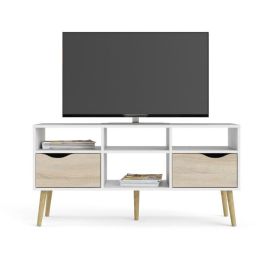 TVILUM 7539149AK Mueble para Televisión con 4 Nichos y 2 Cajones, Acabado Blanco y Roble, 117,2x39,1x57,4 cm