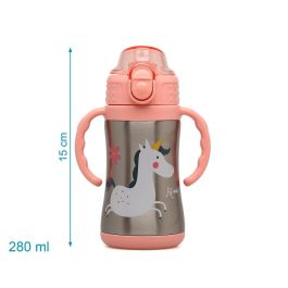 Kiokids Botella Termo Entrenamiento Unicornio Rosa 280ml Acero Inoxidable con Asas y Pajita Antiderrame para Bebés +6 Meses
