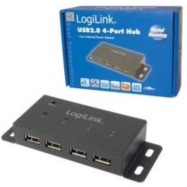LogiLink UA0141A USB 2.0 HUB de 4 puertos, montable, 480 Mbit/s, carcasa de metal negra, con adaptador AC