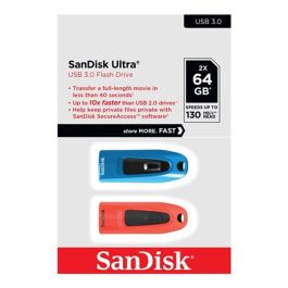 SanDisk Ultra USB 3.0 - Pack de 2 Memorias Flash de 64 GB (Azul y Rojo) - Velocidad Lectura 130 MB/s, Cifrado AES 128 bits, Software SecureAccess Incluido Precio: 49.9900005. SKU: B1BB57383V