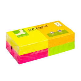 Q-connect Bloc de Notas Adhesivas Quita y Pon 76x76 mm con 80 Hojas Fluorescentes, Pack de 12 Surtidas en 4 Colores