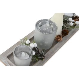 DKD Home Decor Portavela Navidad Moderna de Cristal Madera con Vela LED Blanco Plateado, Set 5 Piezas, 39x9x13.5 cm