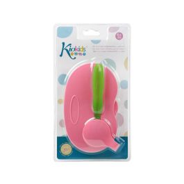 KioKids Cuenco Doble Antideslizante con Tapa y Cuchara para Bebé, Rosa y Verde, +4 Meses, Gran Capacidad