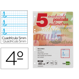 Liderpapel Recambio Cuarto 100 Hojas 75gr Cuadriculado Pautado 5mm con Margen y 6 Taladros Precio: 1.68999974. SKU: B17ZJB6THP