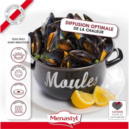 Menastyl Olla para Mejillones 3645564 Acero Esmaltado Negro 24 cm con Inscripción para Todo Tipo de Fuegos Incluida Inducción