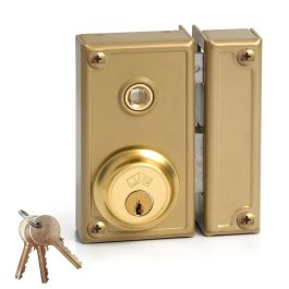 Jis Cerradura de sobreponer manilla, golpe y llave 60 mm derecha cilindro fijo 52 mm, referencia 35-6d, dorado