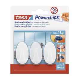 Tesa Ganchos pequeños ovalados blancos, soporte hasta 1kg, 3 ganchos + 4 tiras, Ref. 57533-00017-20