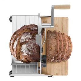 Ritter PIATTO-5 Cortafiambres Manual con Hoja Dentada de 17 cm y Tabla de Bambú FSC, Acabado Plateado Metálico