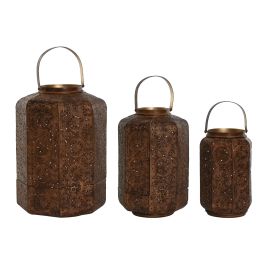 DKD Home Decor Portavelas Árabe Marrón Dorado Metal Set de 3 26 x 38.5 x 26 cm