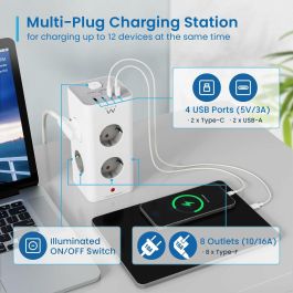 Ewent Ew3864 Regleta de Sobremesa 8 Tomas Schuko, 2 USB-A y 2 USB-C PD 20W, con Interruptor y Protección Sobrecarga. Diseño Torre