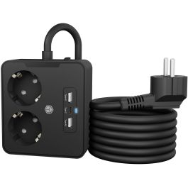 ICY BOX IB-MPS2220B-CH Regleta con 2 Tomas Tipo F y 3 Puertos USB 2.4A/3A, Cable 1.9m, Negro para Oficina/Hogar
