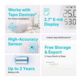 TP-Link Tapo Monitor de Temperatura y Humedad Inteligente con Pantalla E-Ink 2.7", Alta Precisión ±0.3°C ±3%HR, Notificaciones App y Almacenamiento Datos