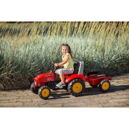 Falk Tractor de pedal SuperCharger rojo con capó de apertura, remolque para cargar y transportar arena, hojas, tierra; niños 3-7 años