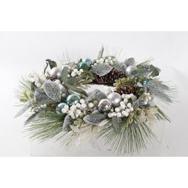 DKD Home Decor Corona Navidad Moderna Azul, Verde, Plateado, Blanco de PVC y Ratán 60 x 12 x 60 cm