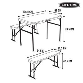 Conjunto de mesa (106x61x74 cm) y dos bancos (94x22x42 cm)plegables con asas incorporadas para 4 personas Conjunto de mesa (106x61x74 cm) y dos bancos (94x22x42 cm)plegables con asas incorporadas para 4 personas
