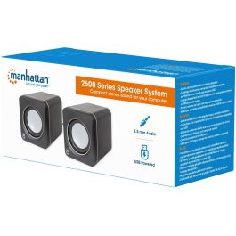 MANHATTAN 2600 Series Stereolautsprecher ber 3.5 mm-Klinkenstecker Strom ber USB-A kompaktes Format fr PCs und Notebooks schwarz