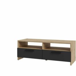 Mueble TV PILVI - Estilo contemporáneo - Decoración Roble y Negro - 2 solapas + 2 nichos - L 95 x P 36 x H 34,5 cm