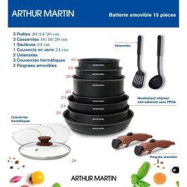 Arthur Martin AM1502 Juego de utensilios de cocina de 15 piezas - mango extraíble con efecto de madera - todas las fuentes de calor, incluida la inducción